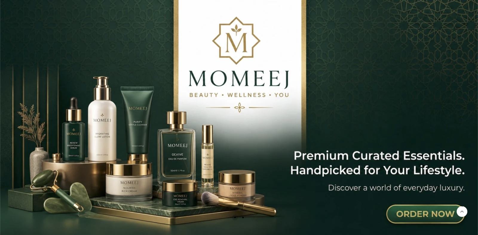Momeej store hero: green and gold beauty brand with product lineup and Order Now button